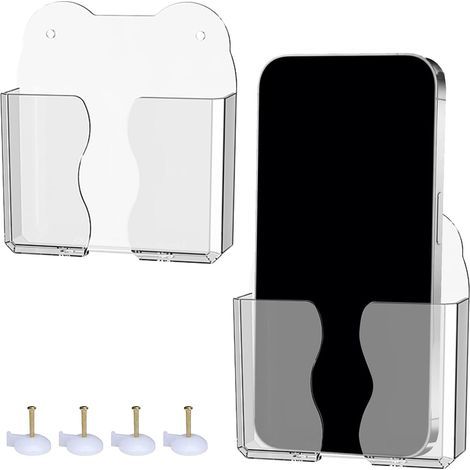 Set di 2 supporti per cellulare autoadesivi trasparenti da parete, senza bisogno di forare, per cucina, bagno, camera da letto (1/5)
