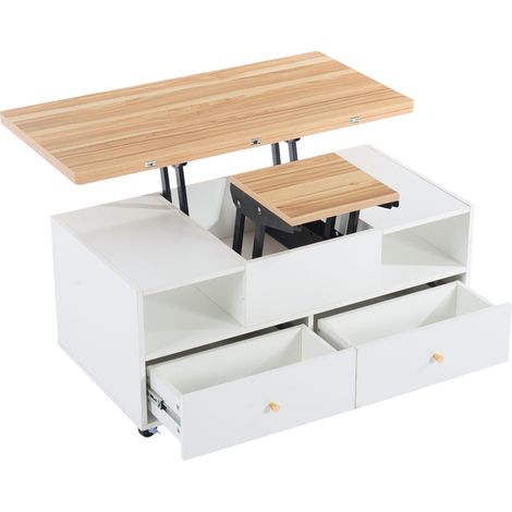 Table basse relevable avec plateau rabattable et 4 tiroirs en MDF 100 x 50 x 47,5 cm couleur bois naturel et blanc (1/5)