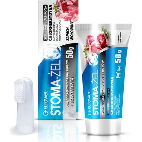 Dentifrice Eurowet Stoma-gel avec brosse à dents, parfum bœuf, pour chien/chat, 50 g