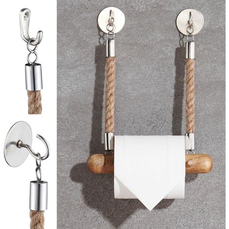 Porte-Papier Toilette Mural Bois Corde Adhésif sans Perçage (1/5)