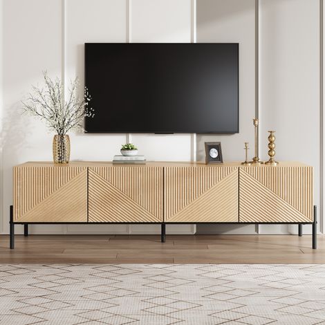 Comanlai - Meuble TV bas - Banc TV de salon moderne avec 4 portes rangement relief 3D géométrique - Naturel (1/5)