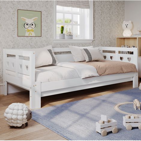 Divano letto estraibile in legno bianco 90x190 cm con seconda superficie letto, design a cuore (1/4)