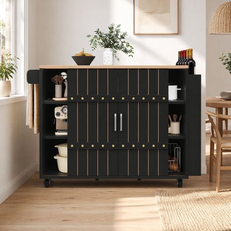 MEUBLIV Îlot de cuisine 110x42x90 cm noir – roulettes, plateau relevable et rangement (1/5)