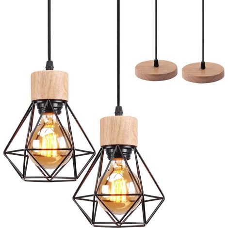 Lustre suspendu industriel vintage, abat-jour en métal et bois Ø200mm, douille E27, plafonnier rétro pour salon, cuisine, chambre (2 pièces) (1/4)
