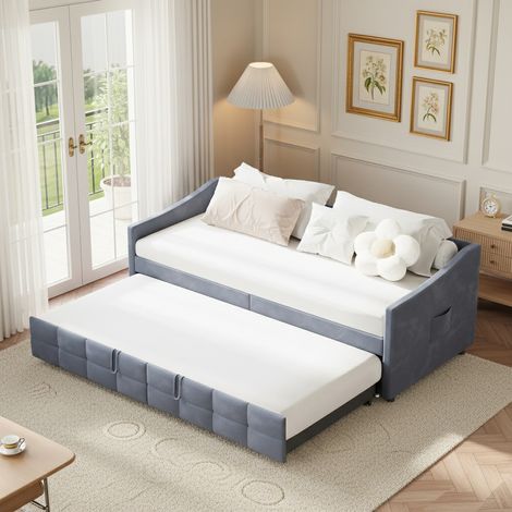Canapé lit convertible 2 places 90x200 cm, canape lit rembourré avec sommier à lattes, canapé-lit gigogne, extensible, tissu velours, sans matelas, gris (1/5)