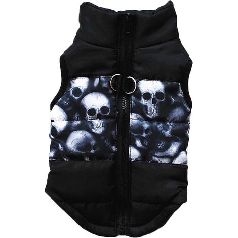 Veste Hiver Chien - Tissu Polyester Taffetas - Anneau D Pour Laisse Intégré - Doublure Chaude - Imprimé Crâne Noir - Tailles XS à L (1/5)