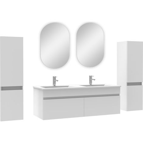 Acezanble ensemble meubles Salle de Bain double vasque 120cm, colonnex2 + miroir ovale Blanc (1/4)