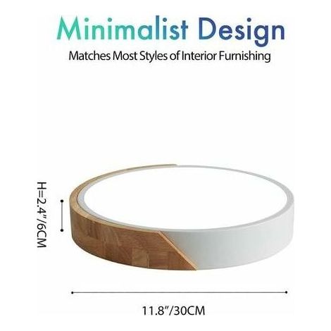 VURAHOME - 24W Plafonnier LED Blanc Froid 6000K 2400LM, Plafonniers Led Ronds Modernes en Bois d'intérieur 30cm pour Salon Salon Cuisine Salle à Manger Couloir Maison Bureau Porche Extérieur [Classe é (1/5)