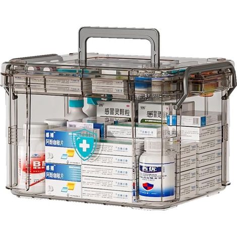Boîte à Médicaments,Boite Rangement Medicament 2 Couches, boîte à Pharmacie en Plastique Transparent Visible avec poignées,Rangement de la boîte à médicaments à la Maison