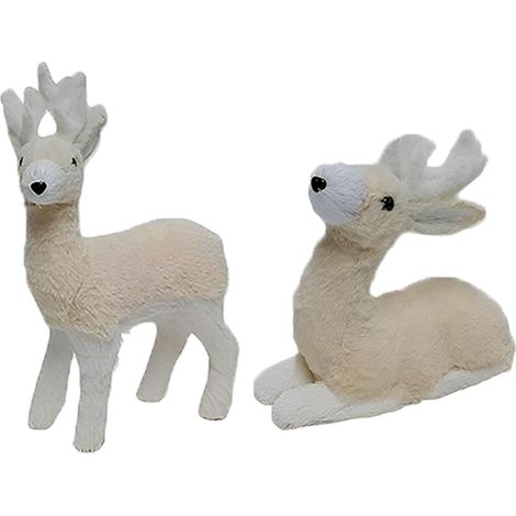 Set 2 Renne Natalizie Decorazioni in Pelliccia Bianca e Beige Eleganti, Effetto Scenico Naturale Ambientazione Natale Elegante per Casa o Vetrina