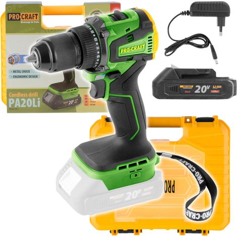 Procraft PA20Li Trapano avvitatore a batteria 20 V 50 Nm Brushless + 1x batteria 2,0 Ah + caricabatterie + valigetta
