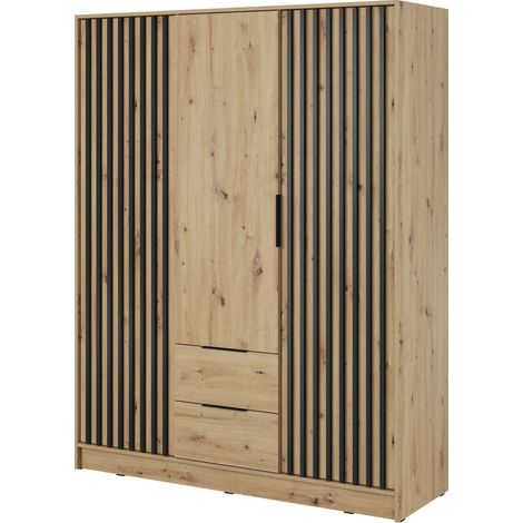 Kleiderschrank 150 cm Fioro - Schrank vom Hersteller, Schlafzimmerschrank - Drehtürenschrank mit Lamellen, 3 Tür (Artisan Eiche)