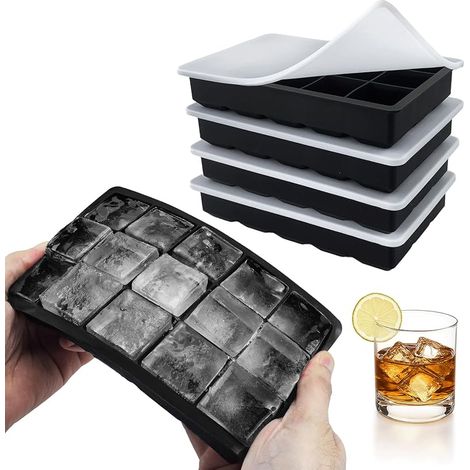 CNMTCCO Eiswürfelform, 4er-Set Silikonformen, insgesamt 60 Fächer, zur Herstellung großer quadratischer Eiswürfel für Kühlschrank, Whisky, Cocktails, Wein, Fruchtpürees und Eiscreme (Schwarz) (1/5)