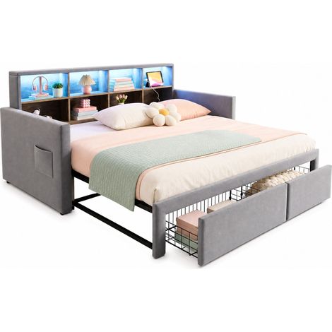 Lit extensible 90x190 cm en velours gris clair, avec rangement pour chambre, sans matelas - FLORAGRACE (1/5)