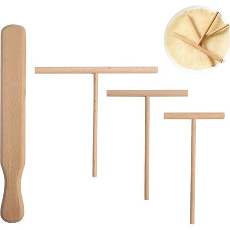 Set de 4 Ustensiles à Crêpes, Spatule 30 cm, Bois Naturel, Répartiteurs Multiples, Cuisine Domestique