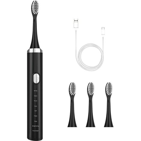 Brosse à dents électrique sonique pour adultes avec 4 têtes de brosse, rechargeable pour 90 jours d'utilisation, portable et noire.-AquaForge (1/5)