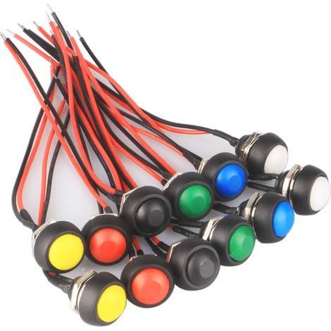 12 Pièces 12mm Précâblé Boutons Poussoir, 6 Couleurs, Interrupteur Momentané ON-NONE-OFF, Bouton Poussoir Rond Étanche