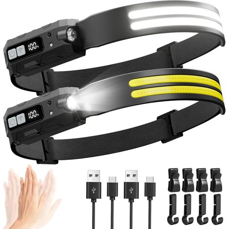 Lot de 2 lampes frontales rechargeables, 2000 lumens, super lumineuses, 270 °, large faisceau, 8 modes d'éclairage avec détecteur de mouvement, longue durée de vie, lampe frontale étanche et légère