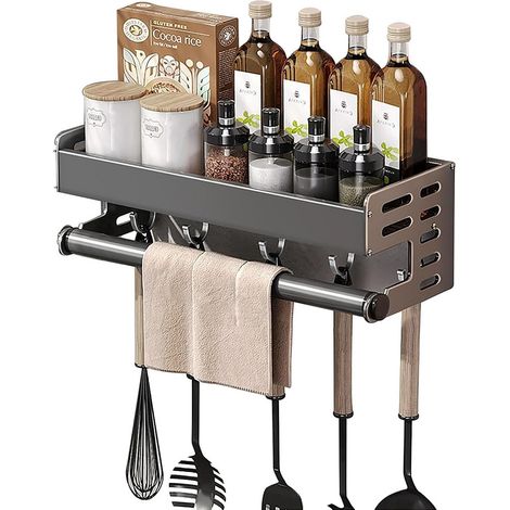 Étagère Épices Murale Aluminium 40cm Étagère Murale Cuisine Sans Perçage avec Crochets (1/5)
