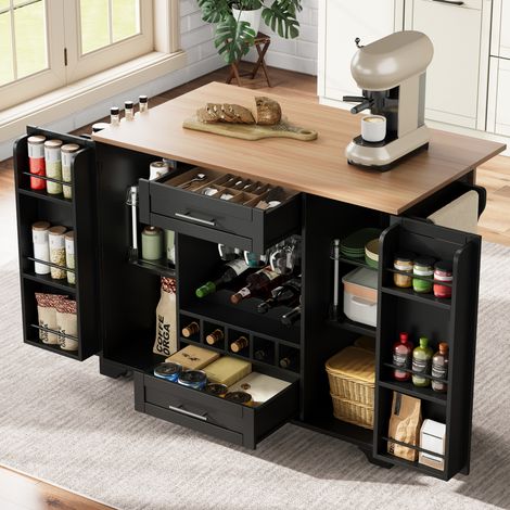 Carrito de cocina con 2 puertas y 2 cajones, bandeja plegable, ruedas, vinatera, portavasos, toallero, especiero, en MDF, negro (1/5)