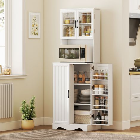 Hoher Küchenschrank mit 4 Türen, 8 Gewürzregalen, Arbeitsplatte und verstellbarem Einlegeboden, 60 x 39,5 x 179,6 cm, weiß