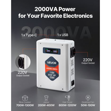 Transformateur 110 V à 220 V, Transformateur de Tension Élévateur 2000 VA, avec 2 Prises Européennes, Sortie USB, Écran LCD, Protec… (1/5)