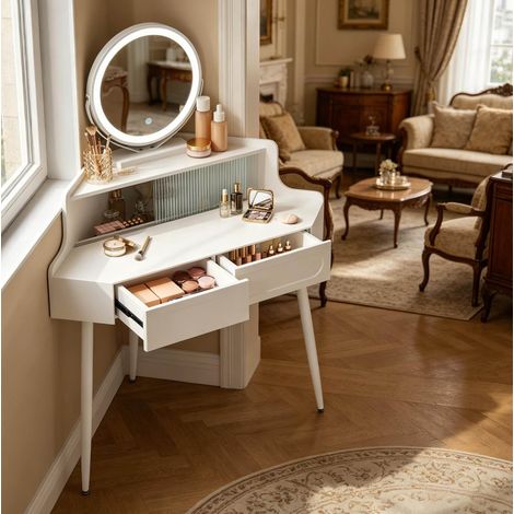 Coiffeuse d'angle avec miroir rond réglable 360°, 2 tiroirs, rangement, MDF blanc 99x139x63 cm (1/4)