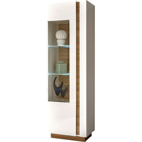 Standvitrine mit Beleuchtung CELLE-61 in weiß Glanz und Grandson Oak Eiche Nb., B/H/T ca. 60/194/40 cm (1/5)