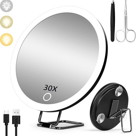 Miroir de maquillage LED rechargeable de 6 pouces, grossissement x130, avec support rotatif à 360 degrés (1/4)