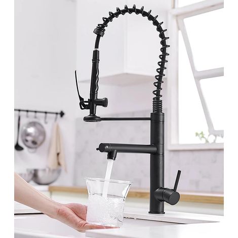 Robinet de salle de bain, avec douchette extractible, eau chaude et froide, robinet sur plage — Adapté aux cuisines et salles de bain (Noir)