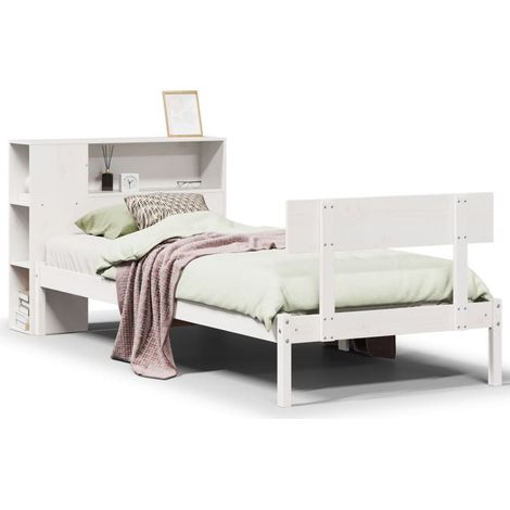 Lit simple  Lit adulte  Lit bibliothèque sans matelas blanc 75x190cm bois de pin massif