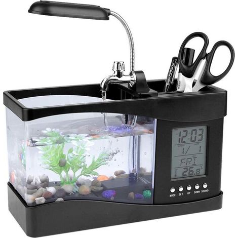 Mini lampada multifunzione ricaricabile tramite USB per acquario con orologio, indicatore di temperatura e luce LED - Decorazione a forma di penna per acquario, ideale per la casa e l'ufficio (nera) (1/5)