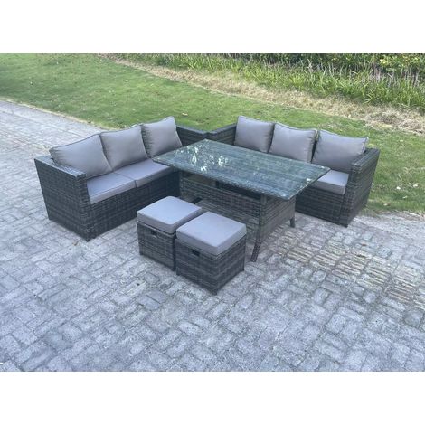 Fimous PE Wicker Outdoor Garden Furniture Set Patio Rattan Rectangular Dining Table Lounge Sofa with 2 Small Footstool 8 Seater Dark Grey Mixed (1/5)