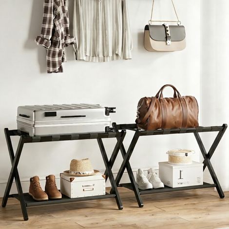 Lot de 2 porte-bagages en bambou pour chambre d'amis, 68 cm, pliable, large, avec étagère de rangement en tissu, support de bagage épais pour chambre à coucher, hôtel, porte-bagages (1/5)