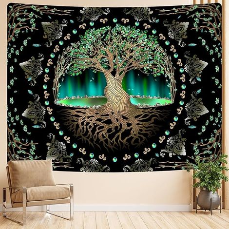 BEBUSINGOTO Tapisserie naturelle d'arbre de vie de style aurore, tapisserie de méditation à feuilles vertes, adaptée à la décoration de la maison, de la chambre à coucher, du salon, du dortoir (1/5)