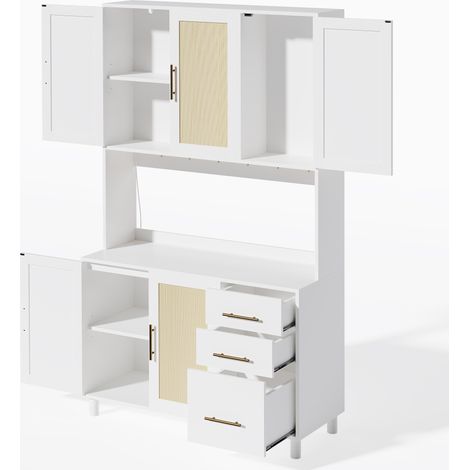 Credenza cucina bianca 100 x 40 x 183 cm con LED APP, 2 prese, 2 USB, 3 cassetti e piano di lavoro (1/5)