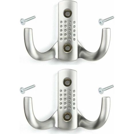 Lot de 2 crochets métalliques doubles chrome satiné 55 mm, fixation murale cuisine salle de bain