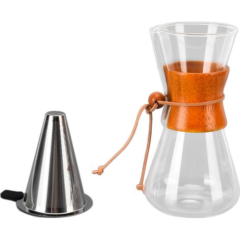 Filtre à café à versement 550ml en verre borosilicate et bambou pour maison, bureau ou café – Résistant à la chaleur avec filtre métallique et contenance ajustable (1/5)