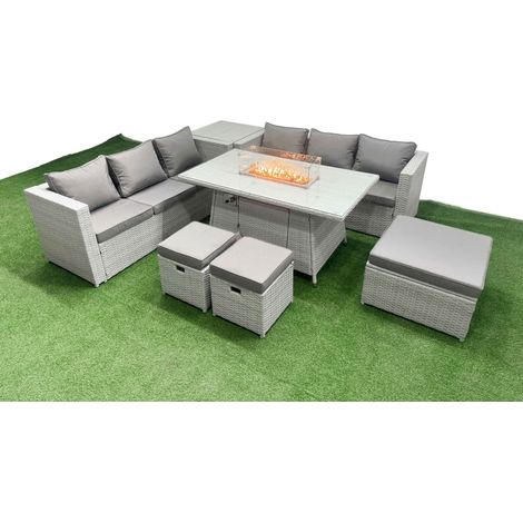 Fimous 9 Seat PE Rattan Lounge Sofa Set Outdoor Garden Furniture Set with Firepit Dining Table 3 Seater Sofa 3 Stools Side Table Light Grey (1/5)