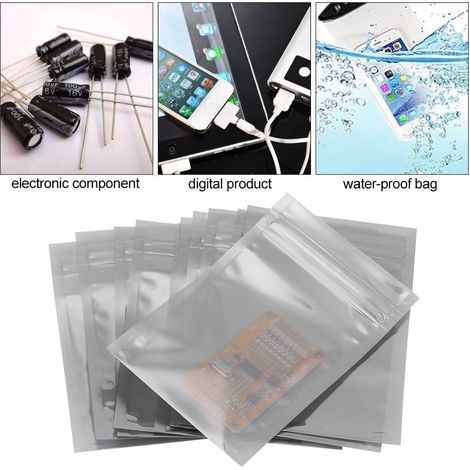 Sachets antistatiques, sachets à languette, sachets auto-scellants blindés, emballages électroniques, 100 sachets par lot, gris argenté.