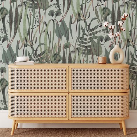 Papier peint salon avec plantes et feuilles jungle Botanica Verde
