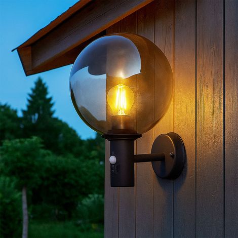 Außenwandleuchte LED Wandlampe mit Bewegungsmelder Fassadenlampe, Edelstahl anthrazit Glaskugel rauch, 7W 806lm warmweiß, LxBxH 26,5x25x37 cm