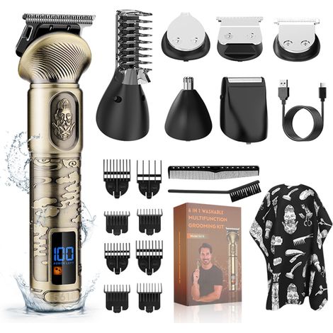 Kit recortador de pelo 6 en 1 para hombre: Recortador eléctrico para vello corporal, barba y nariz, con peines guía y de corte. Totalmente lavable y recargable por USB. (1/5)