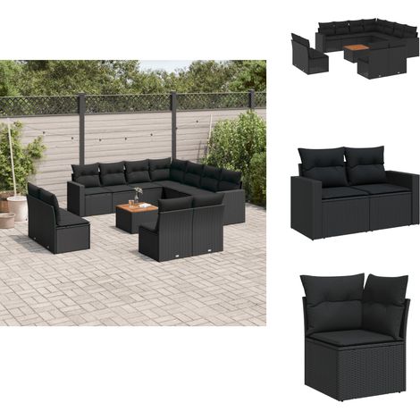 12-tlg. Garten-Sofagarnitur mit Kissen Schwarz Poly Rattan - Gartenmöbel - Outdoor Möbel - Rattan Gartenset - Lounge Set - Esstisch (1/5)