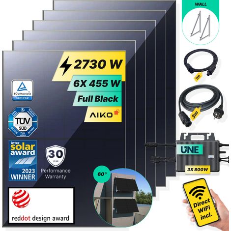 ROBINSUN®️ Kit Solar Enchufable Performance Wall-60 2.730Wp, 6 paneles Aiko 455Wp+ 3 Microinversores 800W con Wifi incluído+Cable 3m +6 Fijaciones 60º (1/5)