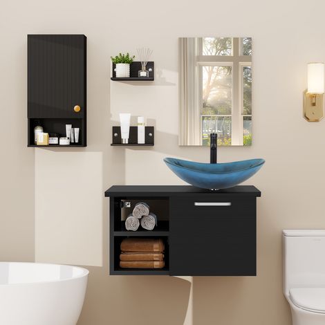 Puluomis Ensemble de meuble-lavabo, meuble mural - vasque, meuble mural à rayures noires, meuble-lavabo en bois noir - avec miroir, vasque -robinet, Lavabo bleu au design soigné, ensemble de salle de (1/5)