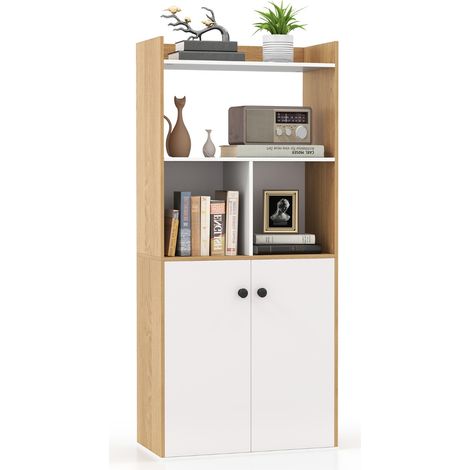 Libreria moderno con ripiani ante e scomparti aperti, Scaffale multiuso con gambe inclinate per soggiorno 60x30x140cm (1/4)