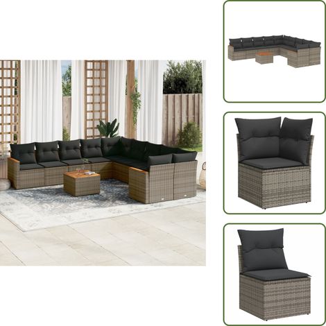 The Living Store 11-tlg. Garten-Sofagarnitur mit Kissen Grau Poly Rattan - Gartenmöbel - Sofagarnitur - PE-Rattan - Outdoormöbel - Esstisch