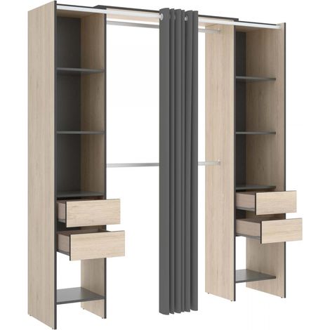Befara – Dressing ouvert avec tiroirs Vesto – 2 barres de suspension 100 cm – 8 étagères – Rideau pour protection – Graphite / Naturel (1/4)
