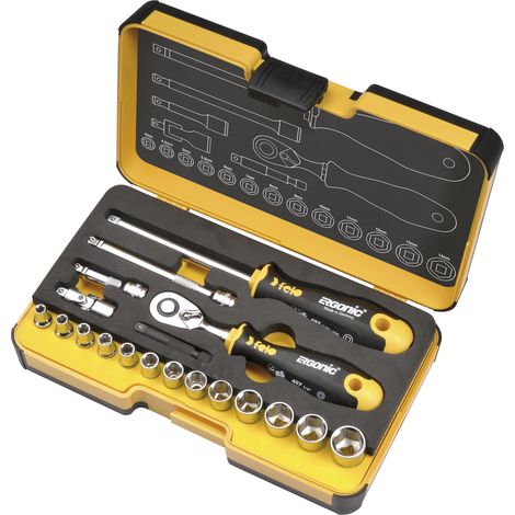 Felo Werkzeugsatz R-GO 19 Inch 1/4" mit ERGONIC Ratsche, Steckschlüsseleinsätzen (Inch Abmessungen)und Zubehör, 19-tlg (1/2)